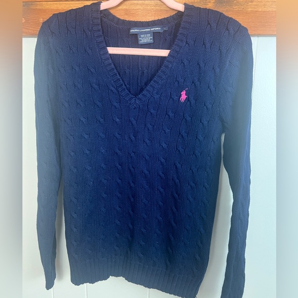Ralph Lauren Sport Navy with Pink horse logo stripe knit cardigan 100% cotton - Picture 2 of 12